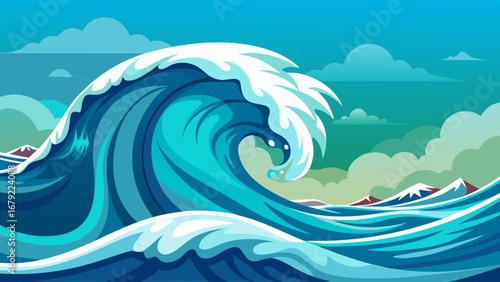 Cartoon wave illustration with a dynamic and vibrant scene of ocean power