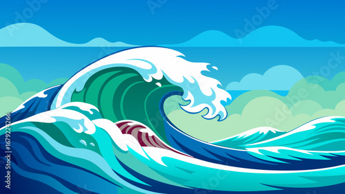 Illustration of a large ocean wave with a blue sky and cloud background