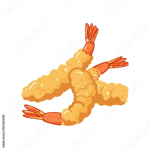 Three golden crispy tempura shrimp with orange tails, cartoon style illustration