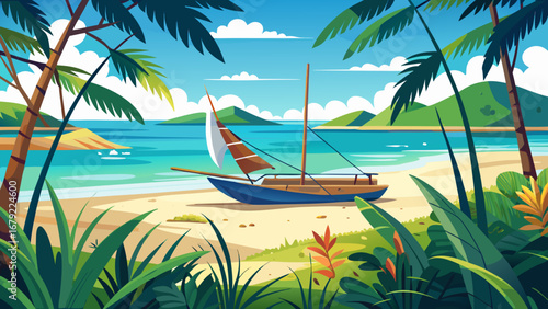 A tropical beach with a sailboat and palm trees in a serene landscape