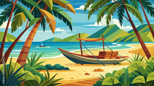 A tropical beach scene with a boat, palm trees, and distant mountains