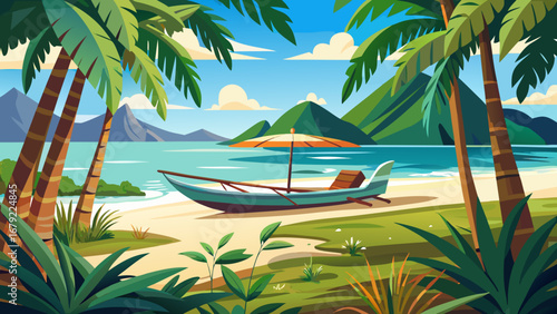 A boat rests on a tropical beach with palm trees and mountains view
