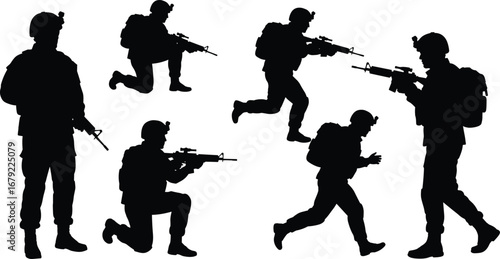 Silhouette of Armed Soldiers in Combat Action, Military Training, Tactical Maneuver, Rifle Ready, Defense Forces, Army War Preparation