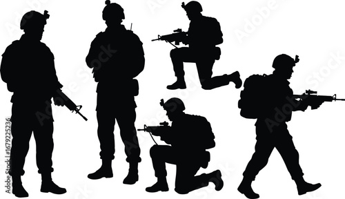Silhouette of Armed Soldiers in Combat Action, Military Training, Tactical Maneuver, Rifle Ready, Defense Forces, Army War Preparation