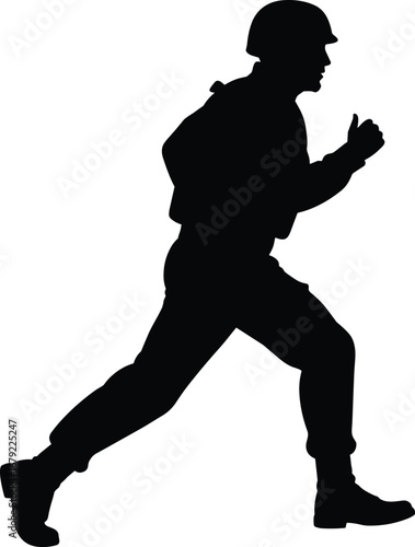 Running Soldier Silhouette in Uniform, Military Training, Army Personnel Motion, Combat Readiness, Tactical Movement, War Preparation, Vector Illustration