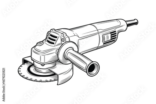Angle Grinder Power Tool, Metal Blade, Black and White Vector Illustration