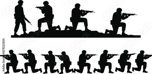 Group of Soldiers Silhouettes Saluting and Aiming on Hill, Military Team, Combat Operation, Army Unity, War Zone Vector Illustration