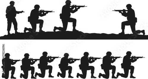 Group of Soldiers Silhouettes Saluting and Aiming on Hill, Military Team, Combat Operation, Army Unity, War Zone Vector Illustration