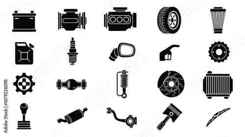 Black and White Car Parts Collection Vector Illustration, Silhouette Style, Auto Spare Parts