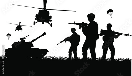 Soldier Silhouettes Crouching Behind Barbed Wire with Military Aircraft in Sky at Dusk, Tactical Army Operation Illustration