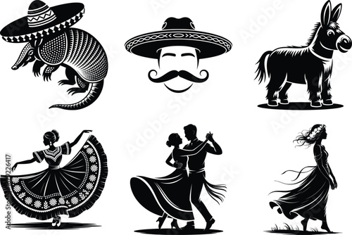 Cinco de Mayo Silhouette, Cinco de Mayo svg. Festival Mexican culture icons set Art with Black Silhouettes.