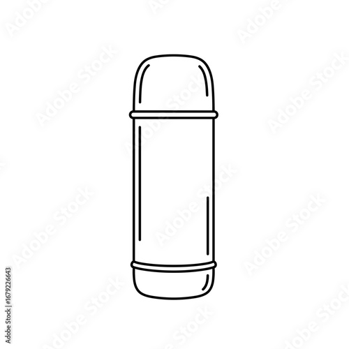 Simple Black Line Drawing of a Classic Insulated Thermos Bottle.