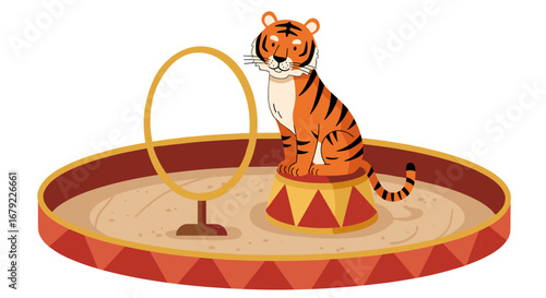 Tiger performing in circus ring with hoop on pedestal  