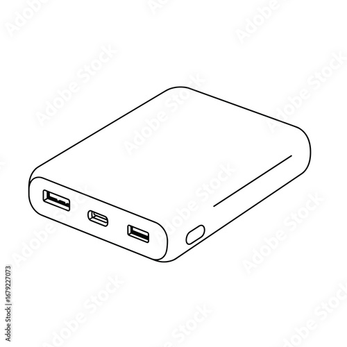 Isometric Line Art of a Portable Power Bank with USB and USB-C Ports