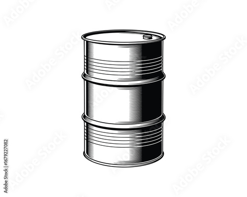 Black and White Oil Barrel Illustration, Metal Container, Engraved Style, Vector Illustration