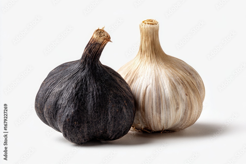 Obraz premium Two garlic heads, one black, one white
