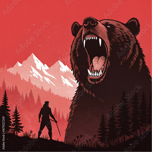 Conceptual wildlife vector of roaring bear with mountainous landscape and lone warrior