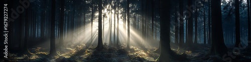 Sun rays through dark forest trees landscape nature photography background wallpaper desktop pc images hd