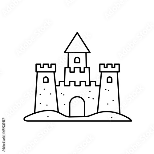 Line Art Illustration of a Sandcastle with Towers and Central Keep
