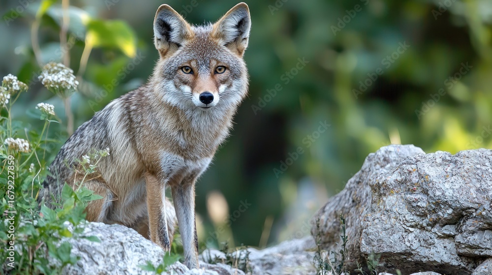 Naklejka premium A coyote sitting on a rock with a blurred background.