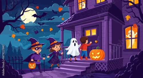 Children dressed as ghosts and witches happily trick-or-treating at a spooky house adorned with pumpkins and autumn leaves under a full moon, with bats flying across the night sky