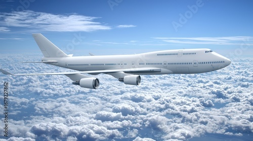 A white airplane flying high above the clouds with a blue sky in the background.