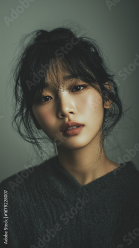 Portrait of a young Asian woman with soft features and tousled hair in a cozy, neutral-toned setting exuding calmness and elegance