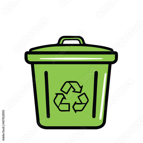 A bright green recycling bin with the classic arrow symbol on the fron