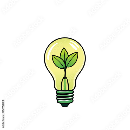 A glowing  energy-efficient lightbulb with a small green leaf inside. 