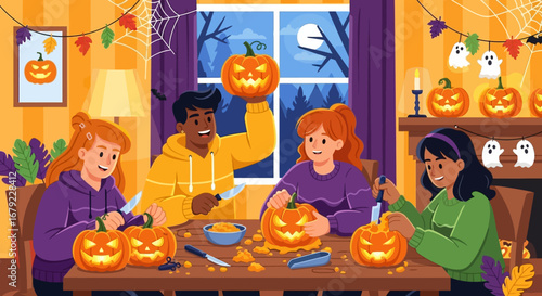 Friends happily carving pumpkins together indoors, celebrating Halloween with spooky decorations and festive spirits, creating jack-o'-lanterns for a fun holiday