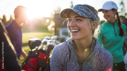 A cheerful woman smiles during a golf outing with friends on a sunny day.
