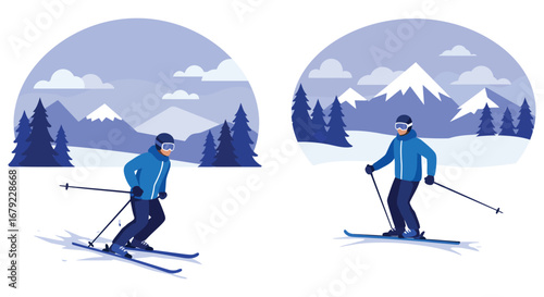 Two Skiers Enjoying Winter Mountain Scenery