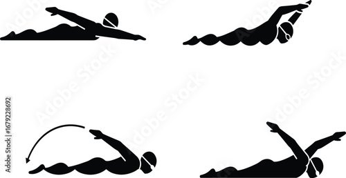 Swimmer silhouette, swimming technique, butterfly stroke, professional athlete, sports training, water exercise, fitness vector, swimming poses, aquatic sport, black illustration