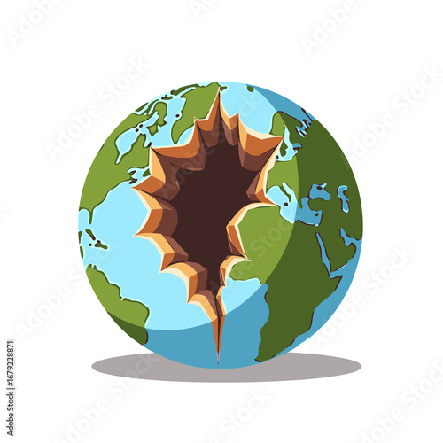 Cartoon Earth Globe with a Large Hole Illustration Depicting Environmental Damage and Global Issues