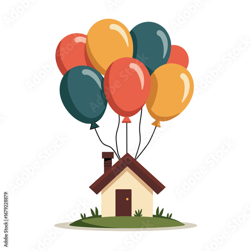 Colorful Balloons Lifting a House Illustration, Representing Dreams and Aspirations with a Whimsical Feel
