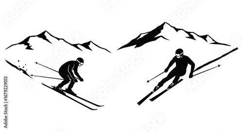 Two Skiers on Mountain Slopes Winter Sport Illustration