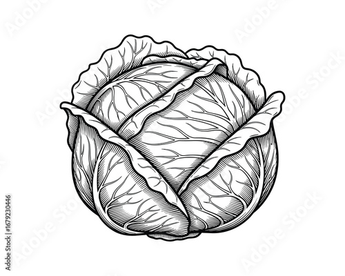 Engraved Cabbage Head with Detailed Leaf Texture, Black and White Vegetable Vector Illustration