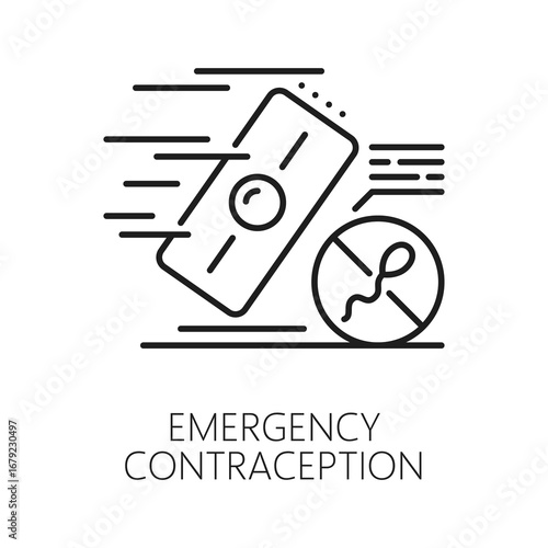 Emergency contraception method line icon or sign. Contraception method vector pictogram, birth control medicines icon. Pregnancy prevention sign with sperm and moving fast pill, drug blister