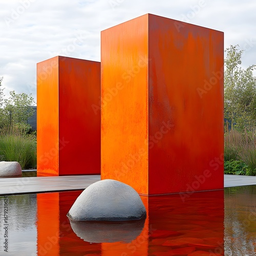 Abstract Orange Metal Cubes Reflecting in Water Minimalist Modern Art Sculpture © Yonus