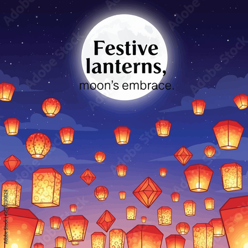 A beautiful night sky filled with numerous festive lanterns and a large full moon, creating a magical and serene atmosphere.