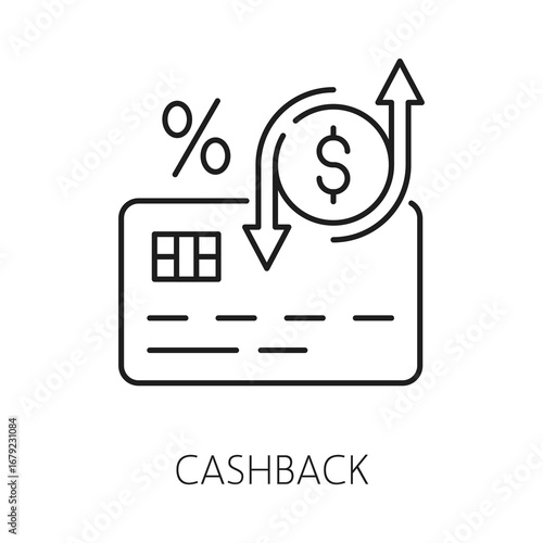 Customer cashback exclusive benefit line icon or emblem. Exclusive benefit gift thin line vector sign, special offer reward icon. Loyalty program bonus outline pictogram with banking card, dollar sign