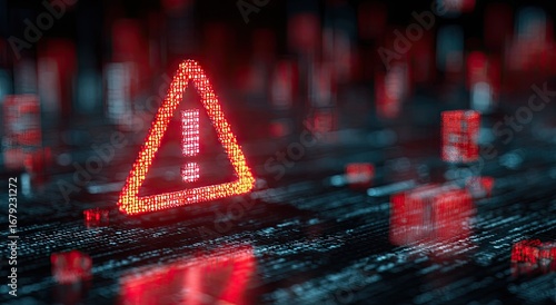 Digital Error Warning Triangle on a Futuristic Technology Surface.