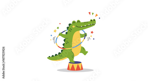 Circus crocodile performing hula hoop tricks for children's party invitations and entertainment branding