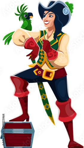 Cartoon woman pirate queen and corsair character with saber and parrot perched on her arm and one foot on a treasure chest, her eyes gleaming with adventure and fun. Fierce filibuster girl personage