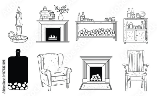 Interior Furniture Sketch Vector Illustration, Candle, Fireplaces, Chair, Cutting Board, Shelf, Armchair