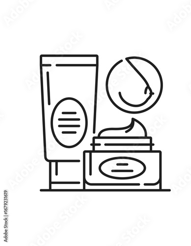 Baby breastfeeding cream or lotion line icon or sign. Woman lactation outline vector sign, breastfeeding lineart pictogram. Motherhood line symbol or infant nursing cream or lotion thin line icon