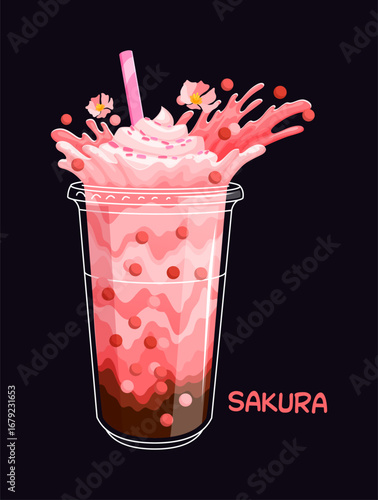 Cartoon sakura milk bubble tea drink glass with splash. Takeout bubble tea beverage vector cup, fast food smoothie cup. Street cafe boba drink with sakura bloom flower, pink milk splash and straw