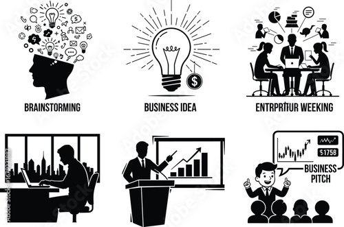 PrintEntrepreneurship Process Concept with Business Idea, Brainstorming, Pitching, Startup Planning, Marketing Strategy, and Presentation Icons Vector Illustration