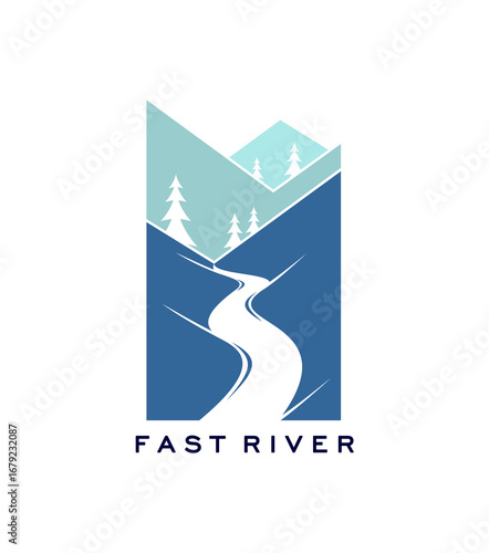 Fast river water road path and mountains icon. Travel agency hiking tour or nature park vector emblem. Company icon or brand symbol with mountain peaks, river or road in valley, spruce trees on hills