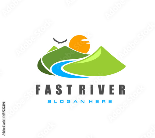 Fast river, road path in high mountains icon. Travel agency company vector sign, brand icon. Nature or hiking park emblem, symbol with eagle flying above mountain peaks, river in valley and sun